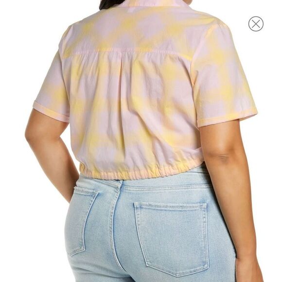 BP Nordstrom cropped button up shirt pink yellow windowpane NWT NEW 1X - Picture 3 of 8